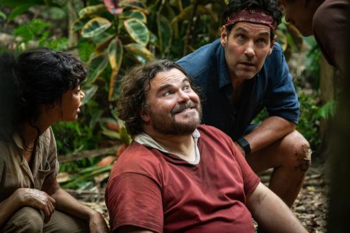 Claire (Thandiwe Newton), Doug (Jack Black), Griff (Paul Rudd) und Kenny (Steve Zahn) in Sony Pictures' ANACONDA. © 2025 CTMG, Inc. All Rights Reserved.